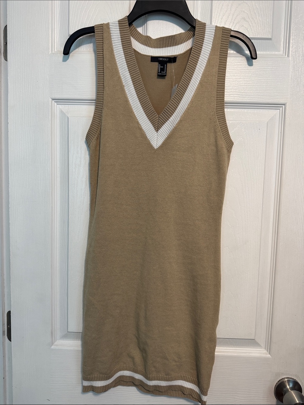 Forever 21 Tan Knit Sleeveless V-Neck Dress with White Trim